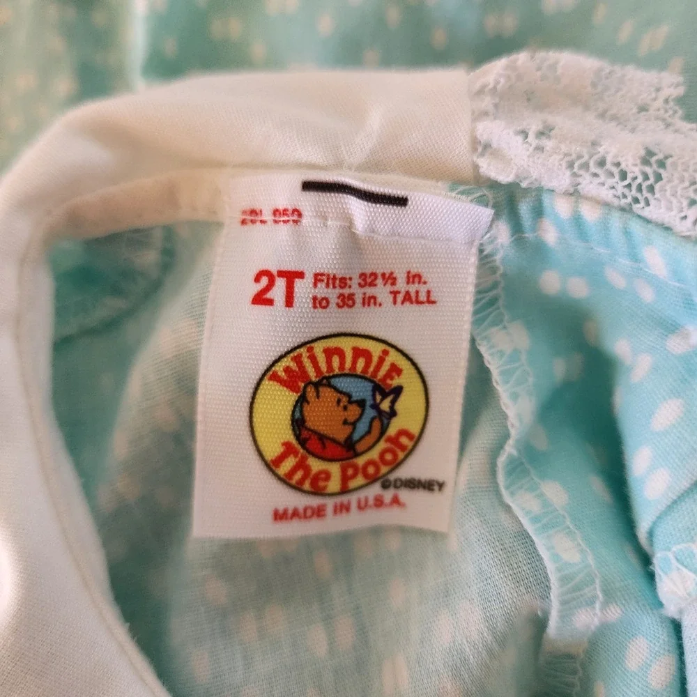 Vintage Winnie The Pooh Girls Dress 2T Light Blue Polka Dot Lace Trim USA‎ Made